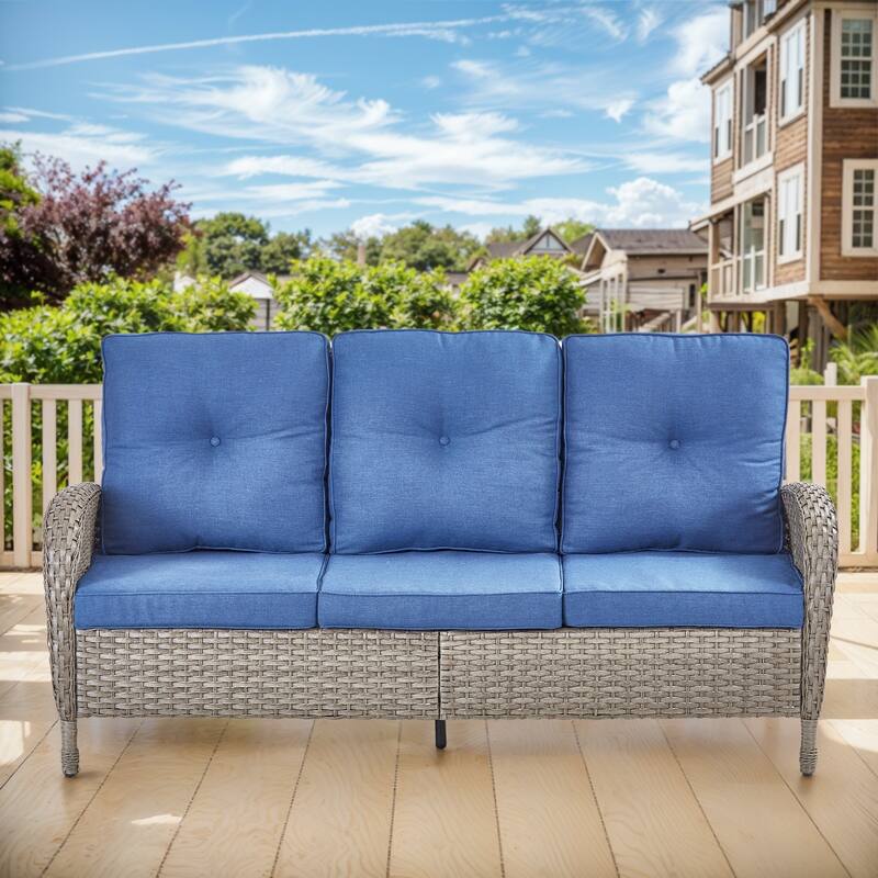 Gymojoy 3-Seat Outdoor Wicker Sofa with Professional Outdoor Cushions - 1-Piece - Grey Wicker / Blue Cushion