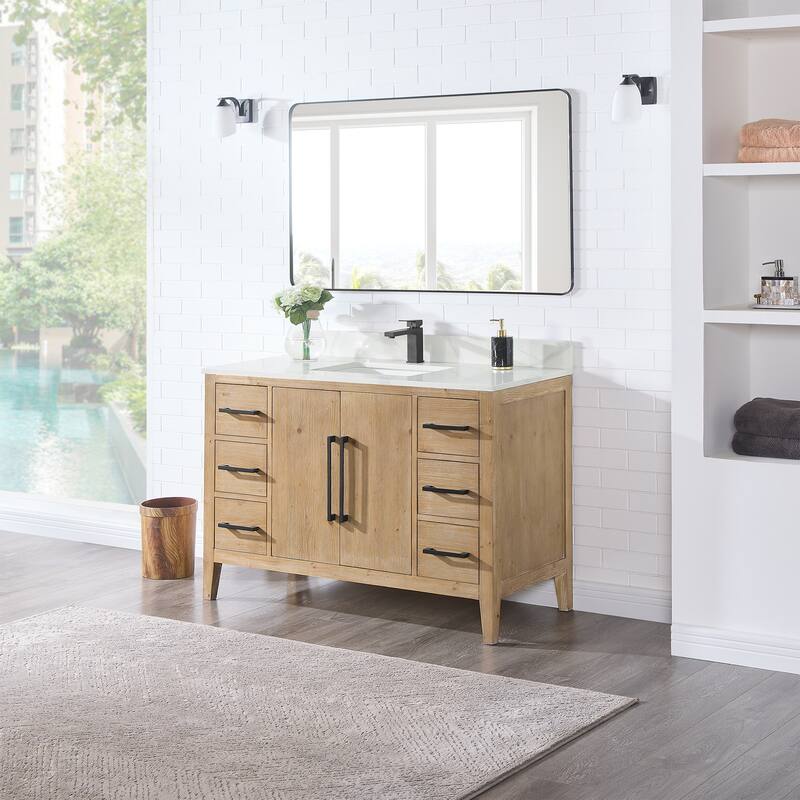 Altair Laurel Bath Vanity with Calacatta White Quartz Stone Countertop with Mirror - 48 inch - Weathered Fir