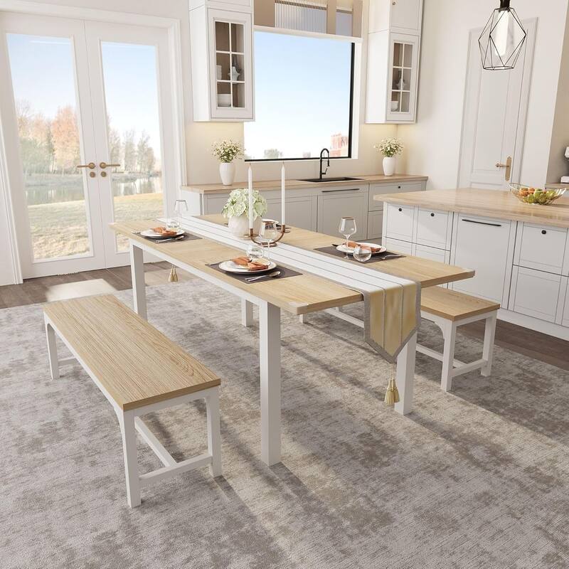 43.7in-63in Extendable Dining Table Set with 2 Benches and 2 Stools