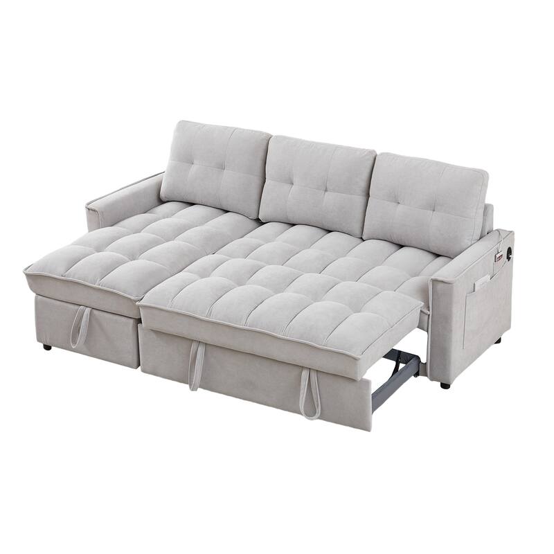 78.75" Chenille Pull-Out L-Shaped Sectional Sofa Bed with Charging Ports and Storage Chaise
