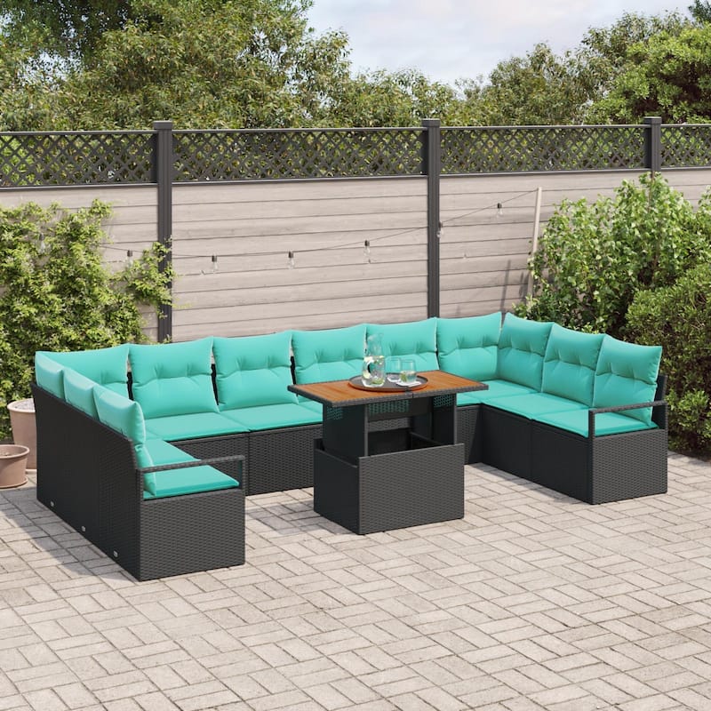 vidaXL 11 Piece Garden Sofa Set with Cushions Black Poly Rattan - 135.4×69.7×27.2