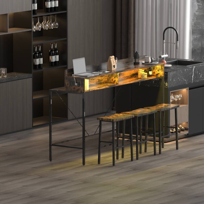 4-Piece Dining Set with Sofa Console Table & Ladder Shelves, Bar Table Set with Saddle Stools & Built-In Charging Hub