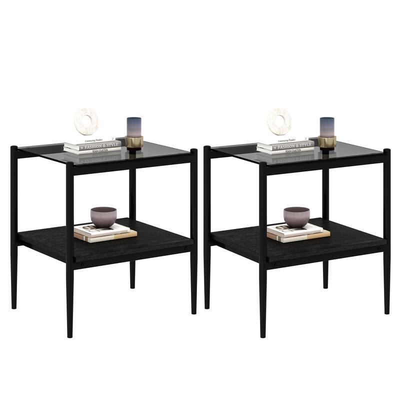 Set of 2 Rectangle End Table Tempered Glass Tabletop with MDF layer
