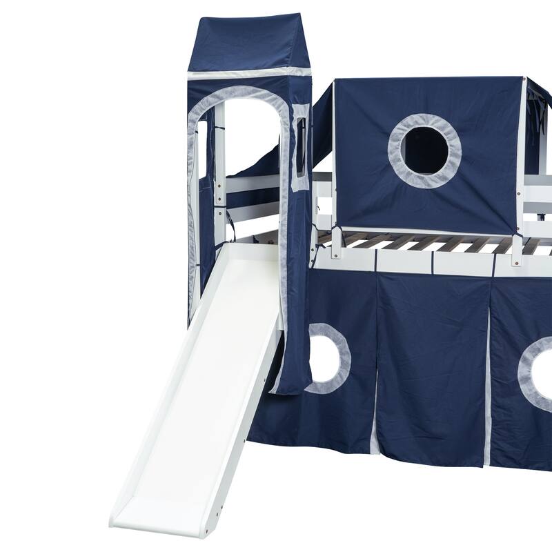 Full Pine Loft Bed with Staircase, Slide, Tent, Tower, and Guardrail