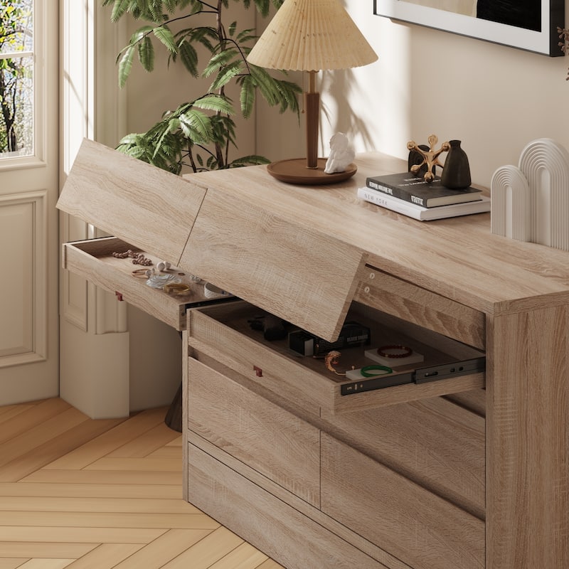 Wood Grain 7-Drawer Dresser with Hidden Compartments and Kick-to-Open Bottom Drawer