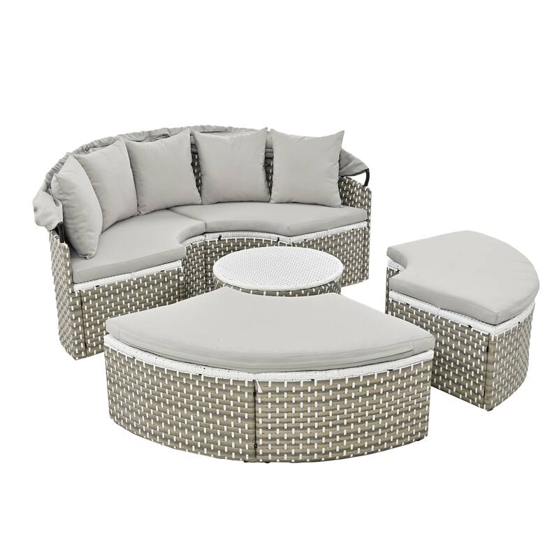4-Pieces Outdoor Patio Rattan Round Daybed Sunbed with Retractable Canopy and Table