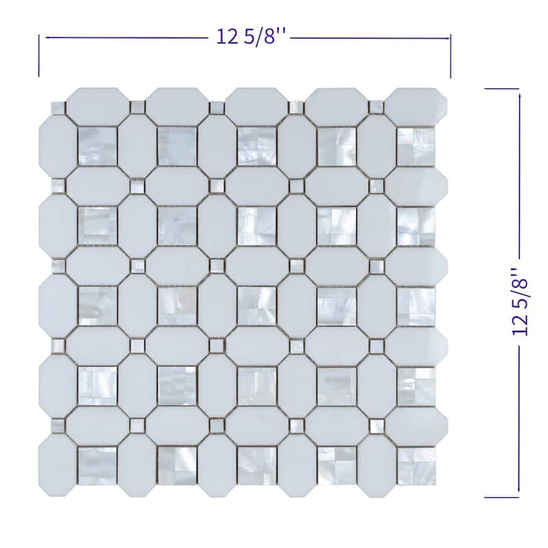 Thassos White Marble Octagon Mosaic Tile With Mother Of Pearl Inlay - Case (10 Sheets)