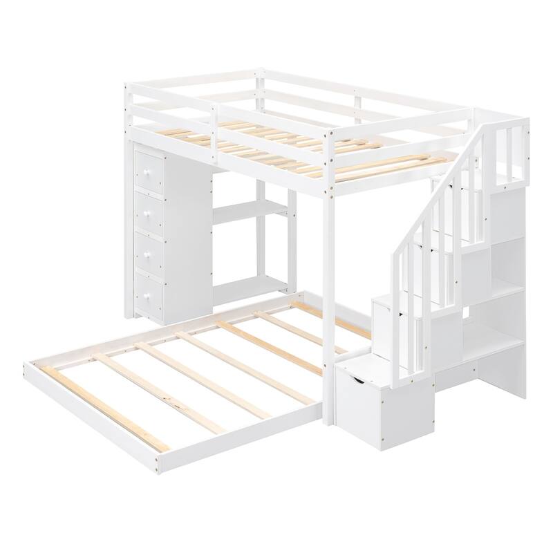 Merax Twin Over Full Bunk Bed with 3-layer Shelves, Drawers and Storage Stairs