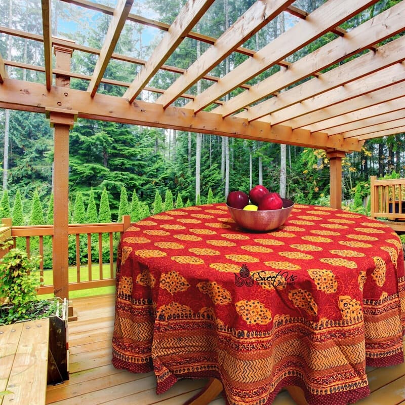 Chic Rustic Geometric Cotton Block Print Tablecloth Collection - 72-in Round