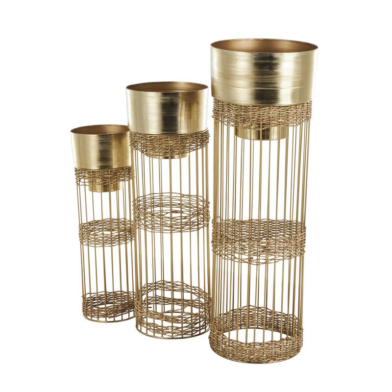 Metal Textured Dome Indoor Planter with Woven Seagrass or Rattan and Cage Rod Base - Set of 3 Gold or Silver - Roche River Decor