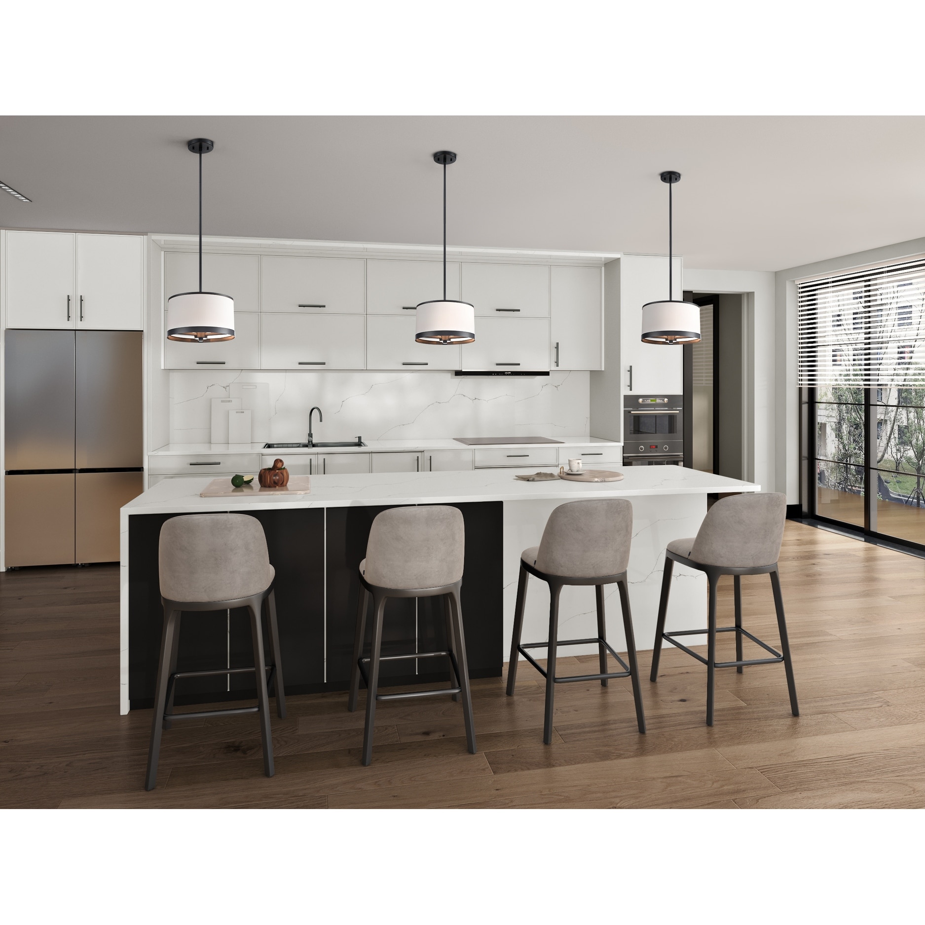 Artcraft High Street - Pendant - Black Finish - Soft Eggshell White Hue Fabric Shade
