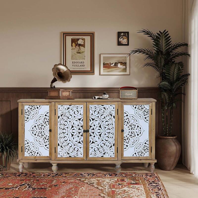 4-Door Hollow-Carved Accent Cabinet, Distressed Wood Storage Cabinet Cupboard with adjustable shelves,unique design,Natural wood