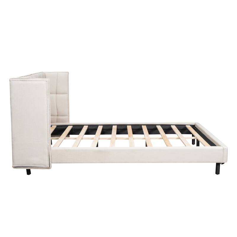 HomeRoots Beige Tufted Upholstered Queen Bed Frame With LED Lighting And USB