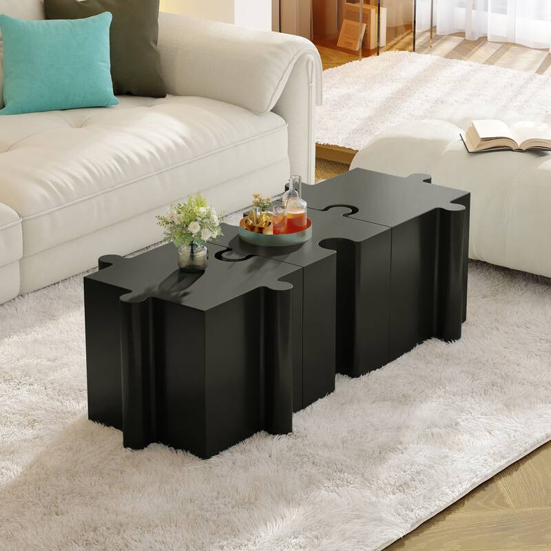 Christopher Knight Home - Joli Puzzle Art Modern 3-Piece Modular Outdoor Side Table Set with Interlocking Design - Black