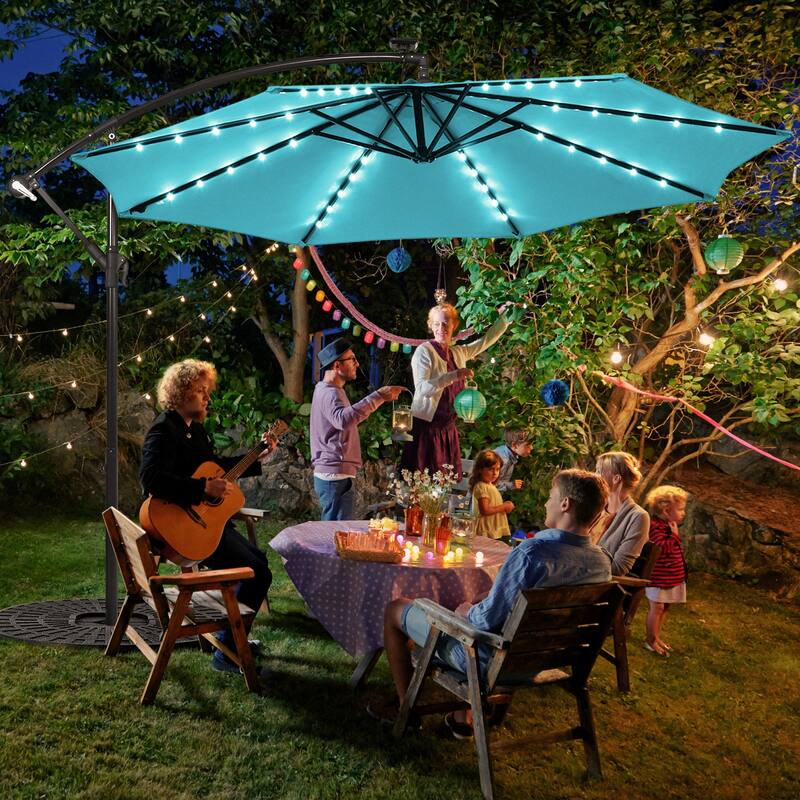 Gymax 10ft Solar Patio Umbrella Outdoor Offset Hanging Umbrella w/ 40 - Turquoise