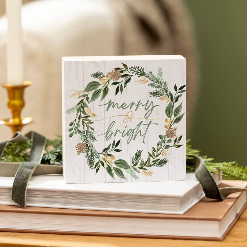 Shades of Green Sign Wood Block - "Merry & Bright" - 6" x 6" - Multicolor