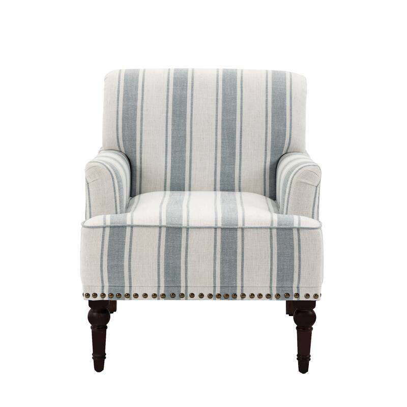 Set 2 Striped Upholstered Linen Armchair with Brass Nailhead Trim