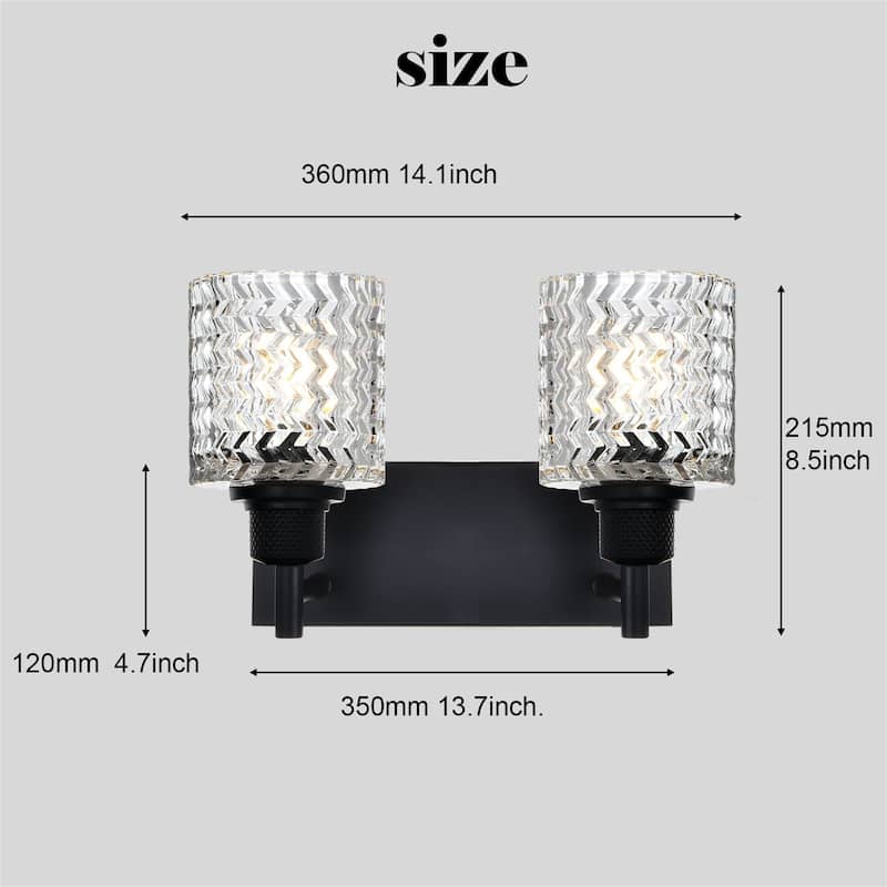 2-Light Industrial Black Wall Sconce with Hammered Glass Shades