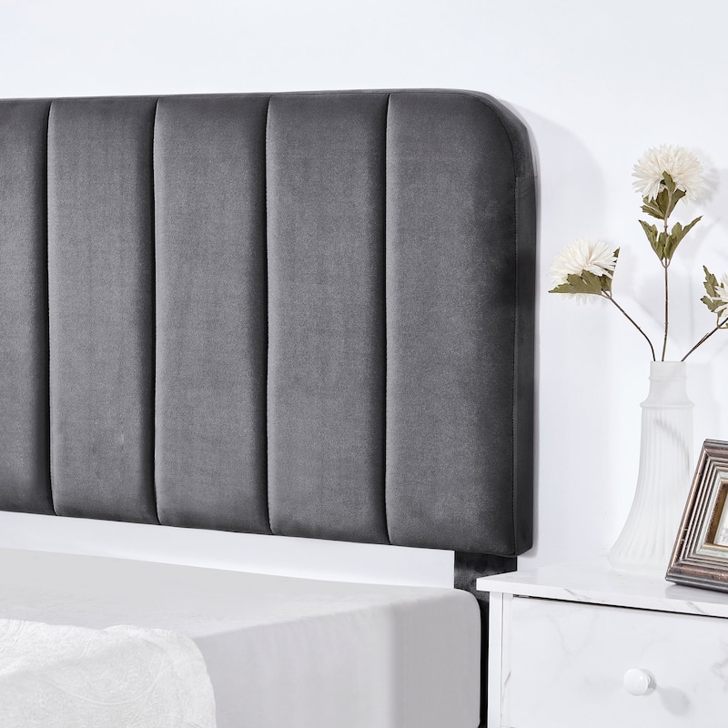 VECELO Velvet Upholstered Bed Frame with Vertical Channel Tufted Headboard, Adjustable Headboard, Wooden Slats Support