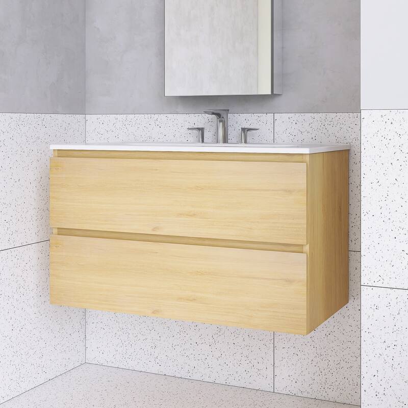 Floating Integrated Bathroom Vanity with Ceramic Sink, Three Faucet Holes