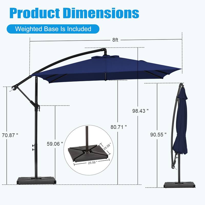 8ft×8ft Square Steel Crank-lift Cantilever Umbrella With Weighted Base