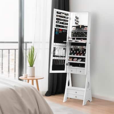 Full mirror wood flooring style with 2 large drawers, natural light strip, jewelry storage mirror cabinet - white