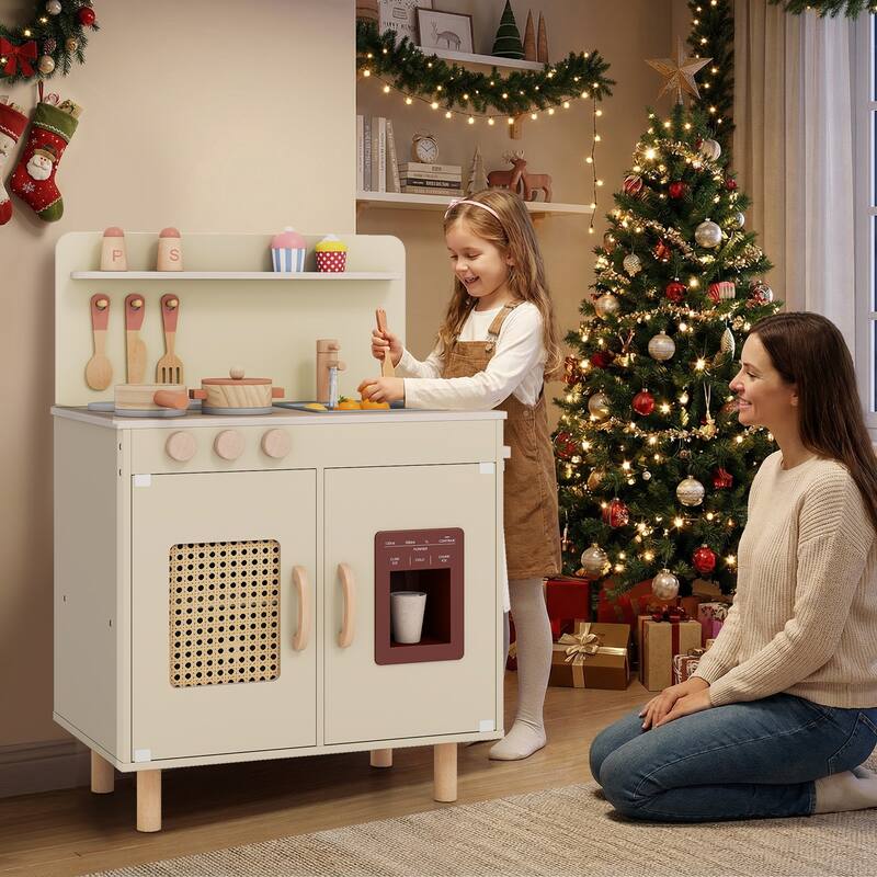 Gymax Play Kitchen w/Realistic Ice Maker Stove Accessories & Water