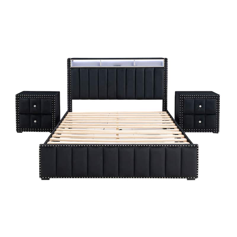 247 Shop At Home Fynor Modern 3-Piece Velvet Queen Storage Platform Bedroom Set