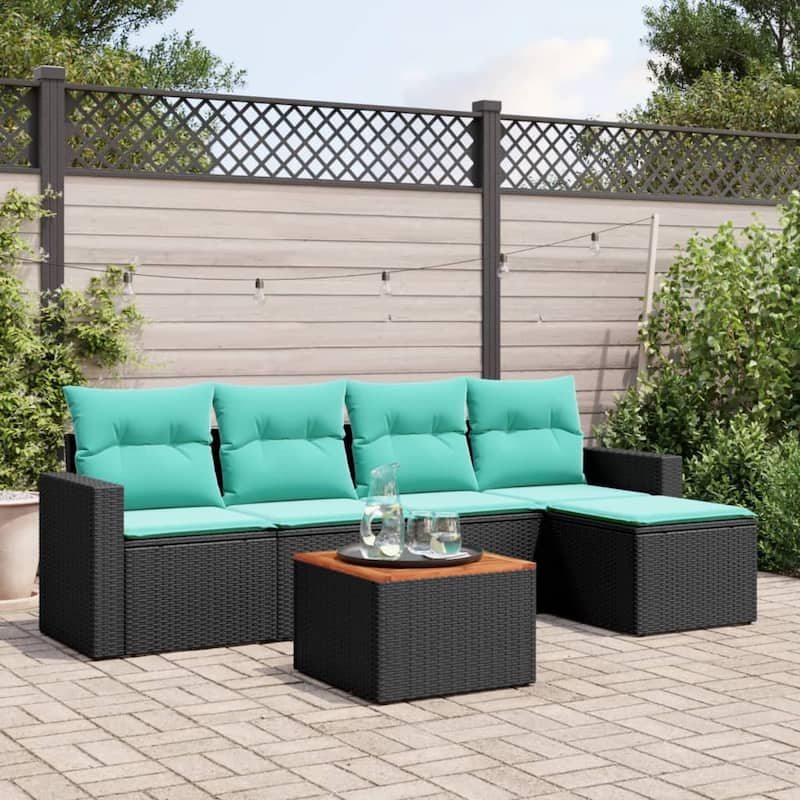 vidaXL Patio Sofa Set with Cushions Outdoor Furniture 6 Piece Poly Rattan - 25.8x 24.4x 27.2 - Black and Blue