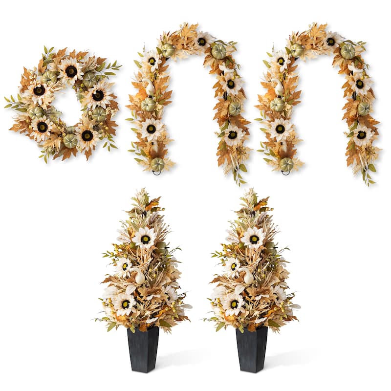 Glitzhome 5-Piece Fall Multi-Colored Sorghum Sunflower Pumpkin Wreath & Garland & Porch Tree Set