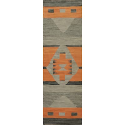 Hand Woven Oriental 100% Wool Carpet Southwestern Modern Greys & Charcoal Kilim Runner Rug - 7' 10'' X 2' 0''