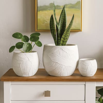 Sally Planter Set of 3, Round Intricate Leaf White Resin 17 13 9 Inch
