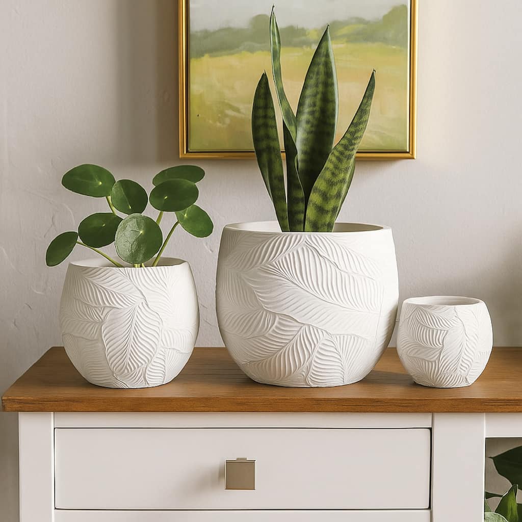 Sally Planter Set of 3, Round Intricate Leaf White Resin 17 13 9 Inch