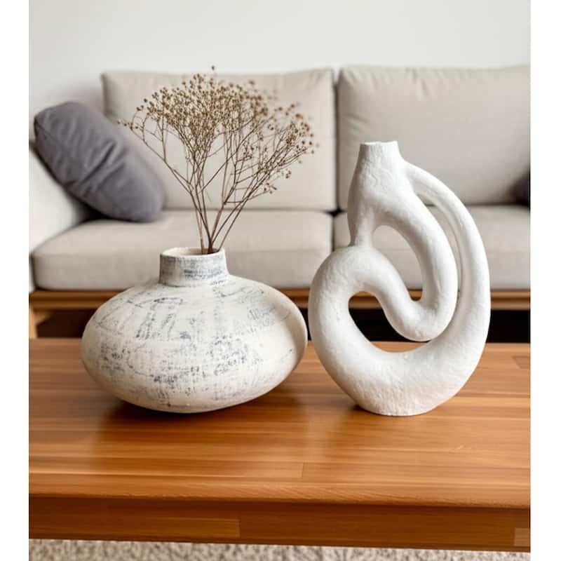Pottery Decorative Vases Handcrafted Organic (Set of 2) - 8" Ivory