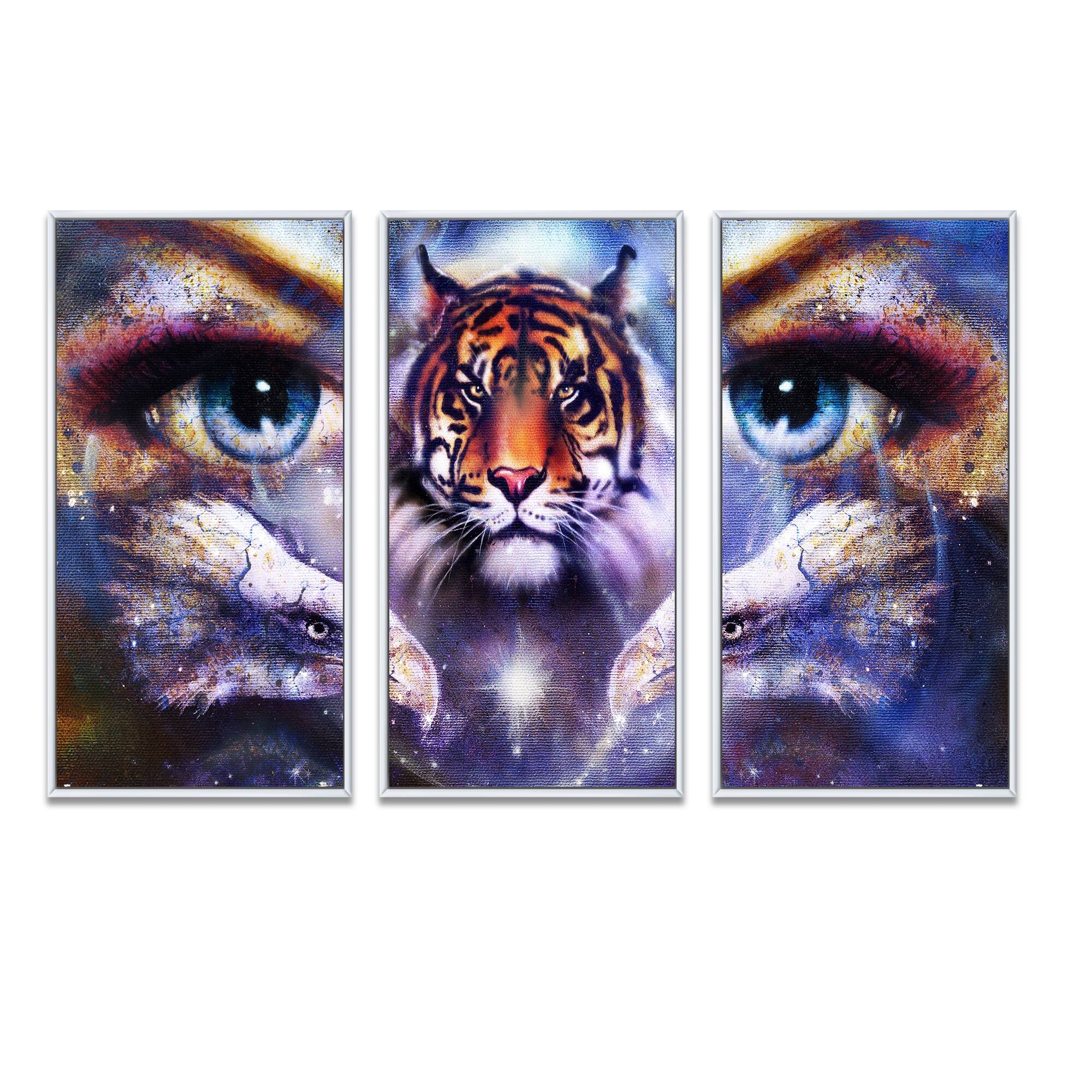 Designart "Tiger with Woman Eyes" Animal Framed Canvas Wall Art Print
