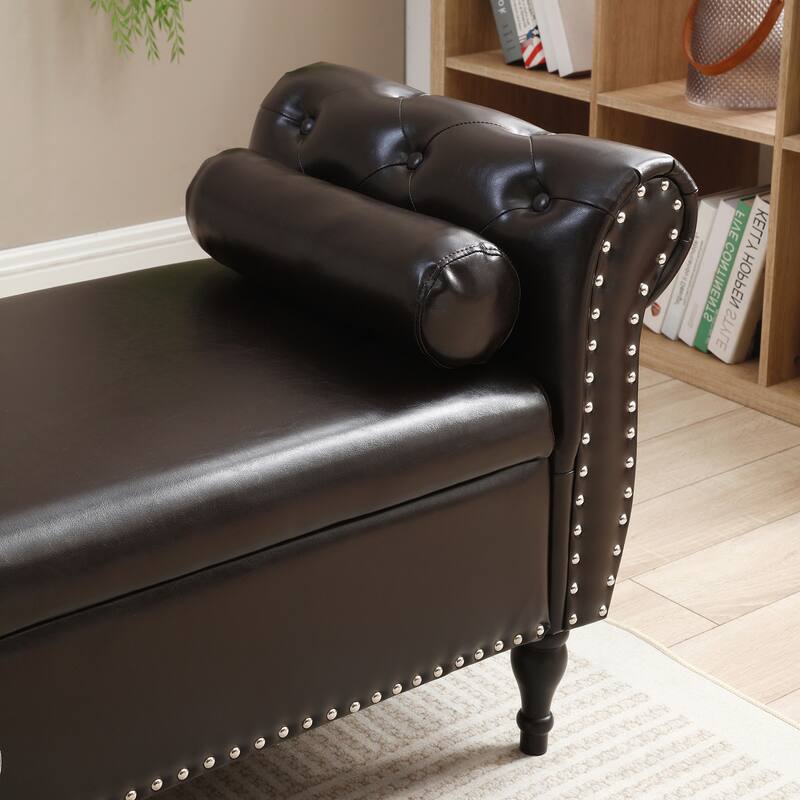 63" PU Upholstered End of Bed Bench Flip Top Entryway Ottoman with Safety Hinge Storage Rectangular Sofa Stool Buttons
