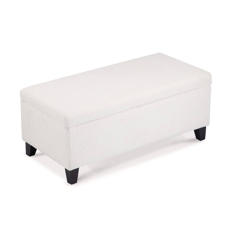 Storage Ottoman with Flip-Top Lid, Easy Assembly, Boucle Fabric & Birch Wood Legs, White