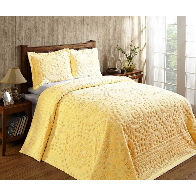 Better Trends Chenille Bedspread Set 100% Cotton Lightweight Soft Floral Bedding Design Tufted Coverlet Washable Rio Collection - Yellow - Full
