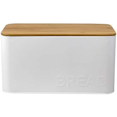 Tin Bread Box with Bamboo Top, White