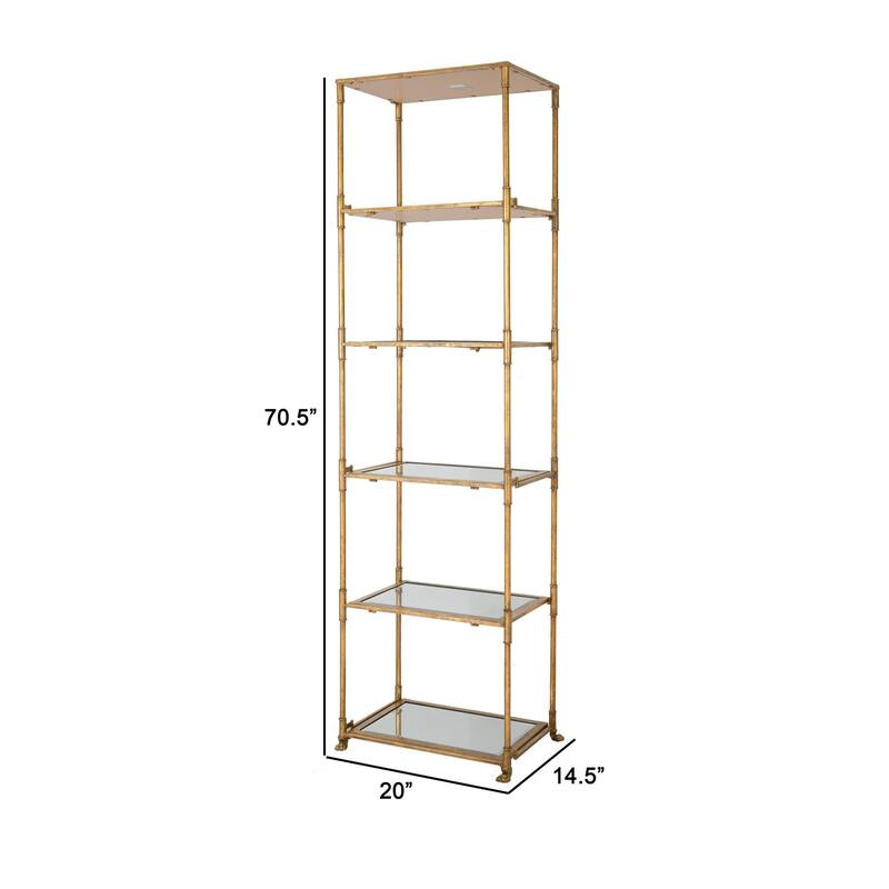 71 Inch Shelf, 6 Tier Design, 5 Glass Shelves, Iron Frame, Gold Finish