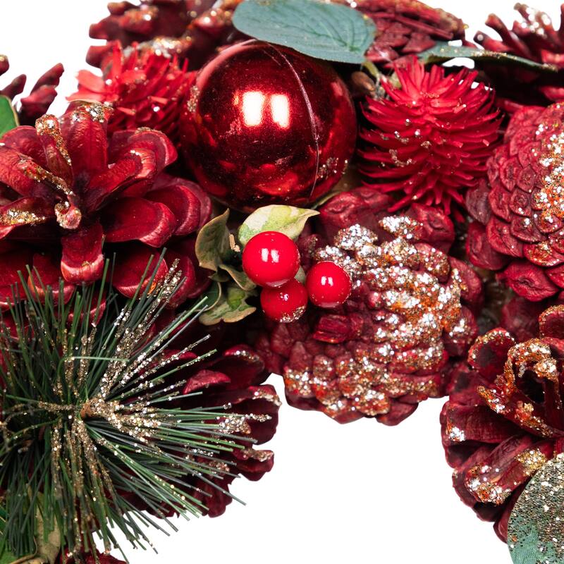 Pinecone, Berry and Ball Ornament Glittered Artificial Christmas Wreath - 13" - Unlit