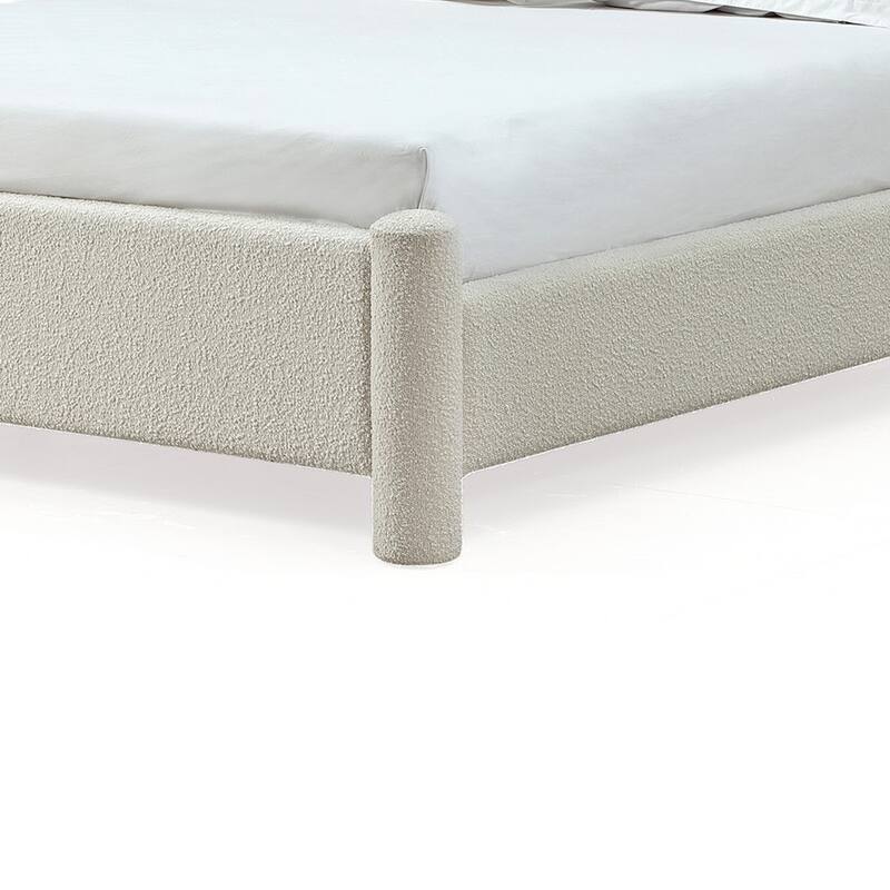 Kizo King Size Platform Bed, Cream Boucle Fabric, Panel Headboard, Slats