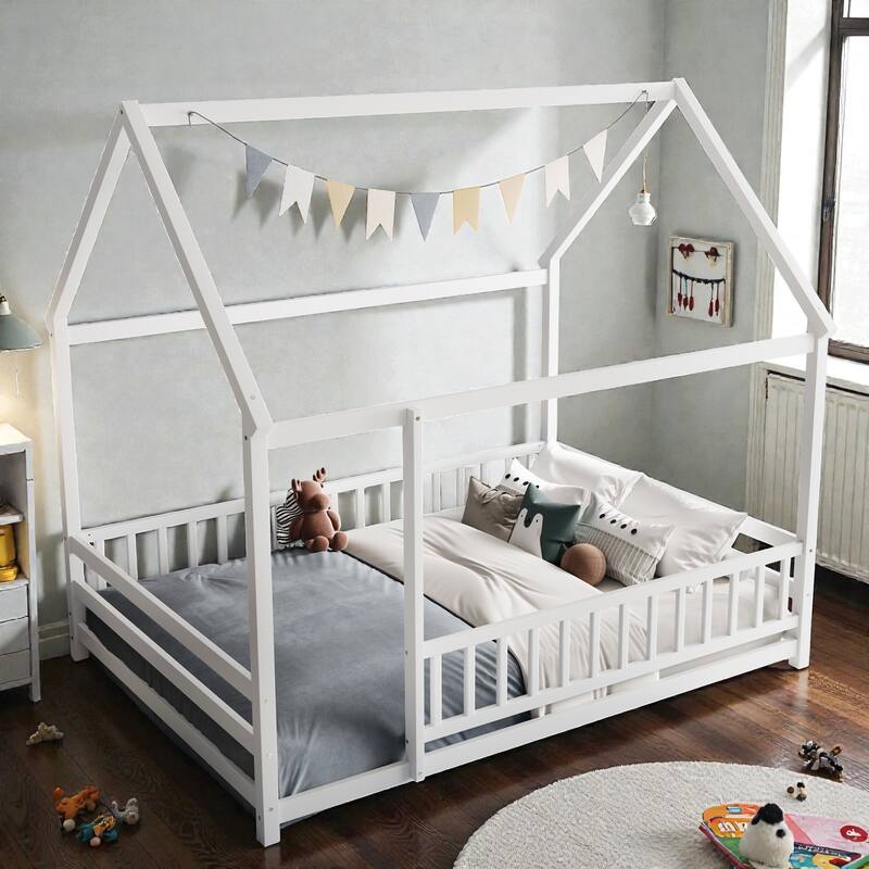 Wooden House Frame Floor Bed with Roof, Fence Guardrails, Pine Wood Kids Platform Bed for Bedroom
