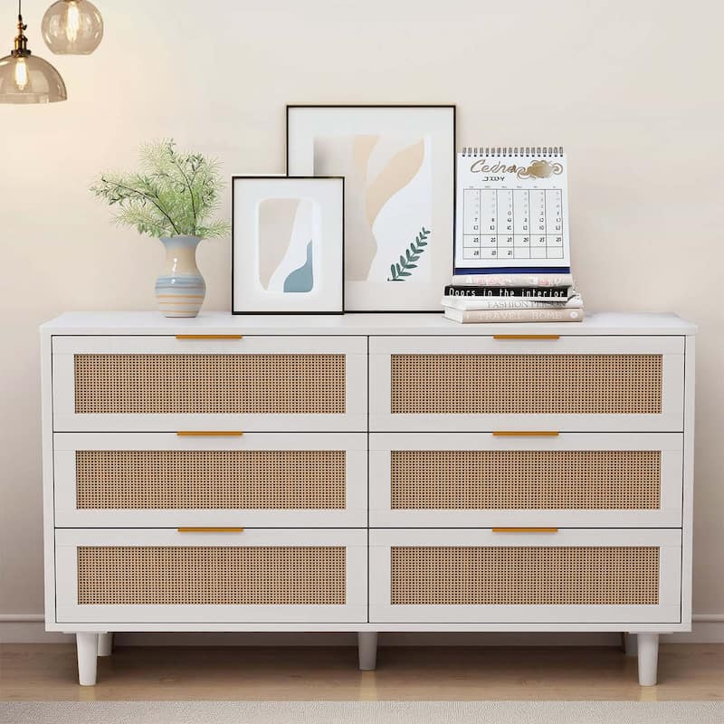Modern 6 drawers Rattan dresser Rattan Drawer - White-51.18"(L)*15.75"(W)*29.53(H)