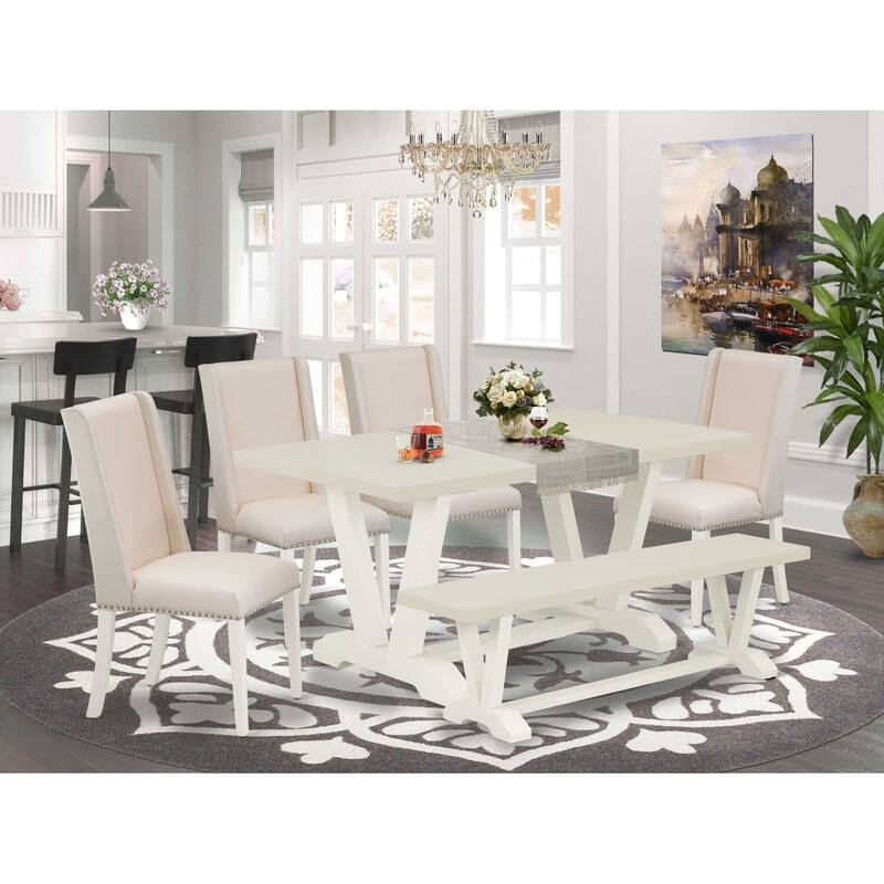 HomeStock 6-Pc Rectangle Natural Oak Finish Solid Wood Top Dining Table with 1-Bench, 4-Chairs