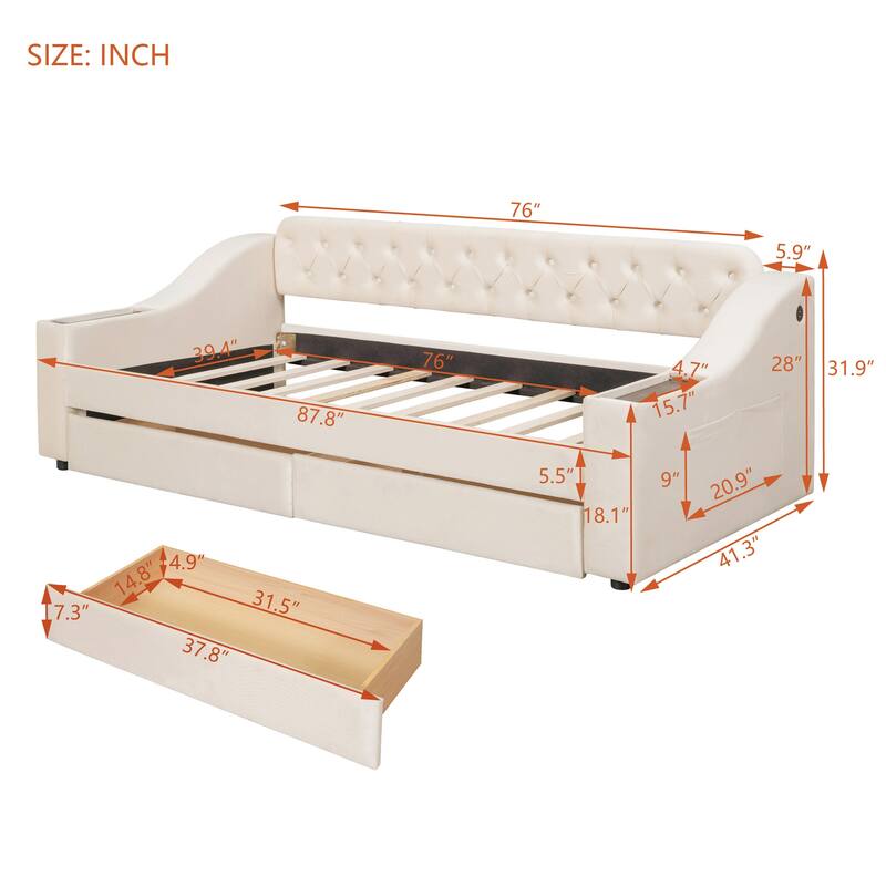 Button Tufted Backrest Daybed, Velvet Upholstered Panel Bed Frame with Storage Armrests, USB Ports on Both Sides