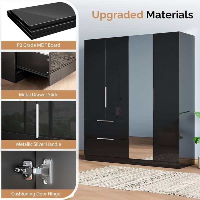 Armoire 4 Doors 2 Drawers with Full-length Mirror Door with High Gloss Paint