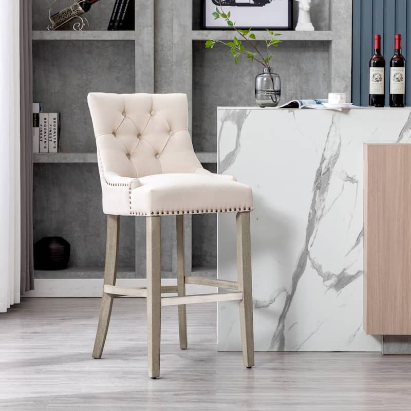 Carter 29" Upholstered Button Tufted Bar Stool, Antique Gray Legs