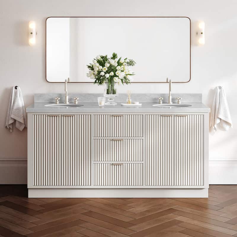 Ariel P73DCWOVO Milan 73" Free Standing Double Basin Vanity Set with - Warm White / Italian Carrara Marble Top / Brushed