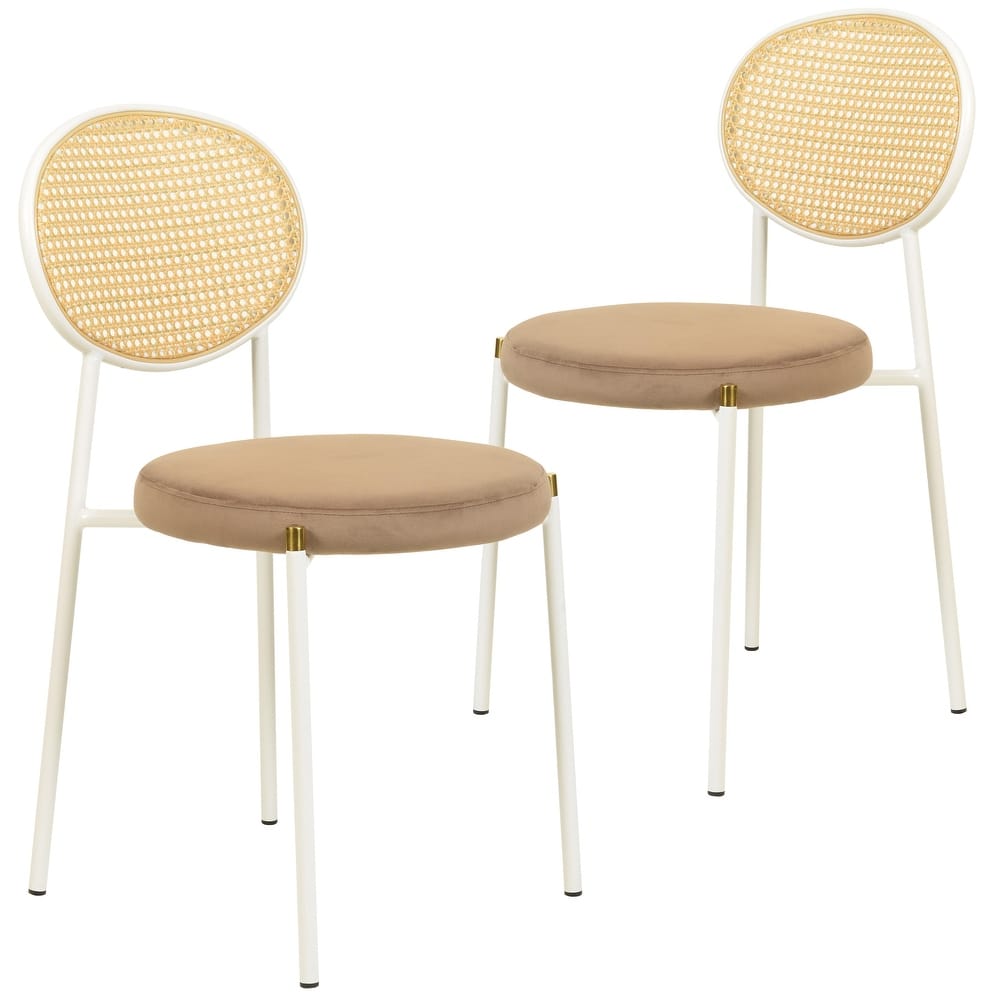 LeisureMod Euston Modern Dining Chair with Upholstered Velvet Seat - Wicker Back and White Stainless Steel Legs Accent Chair